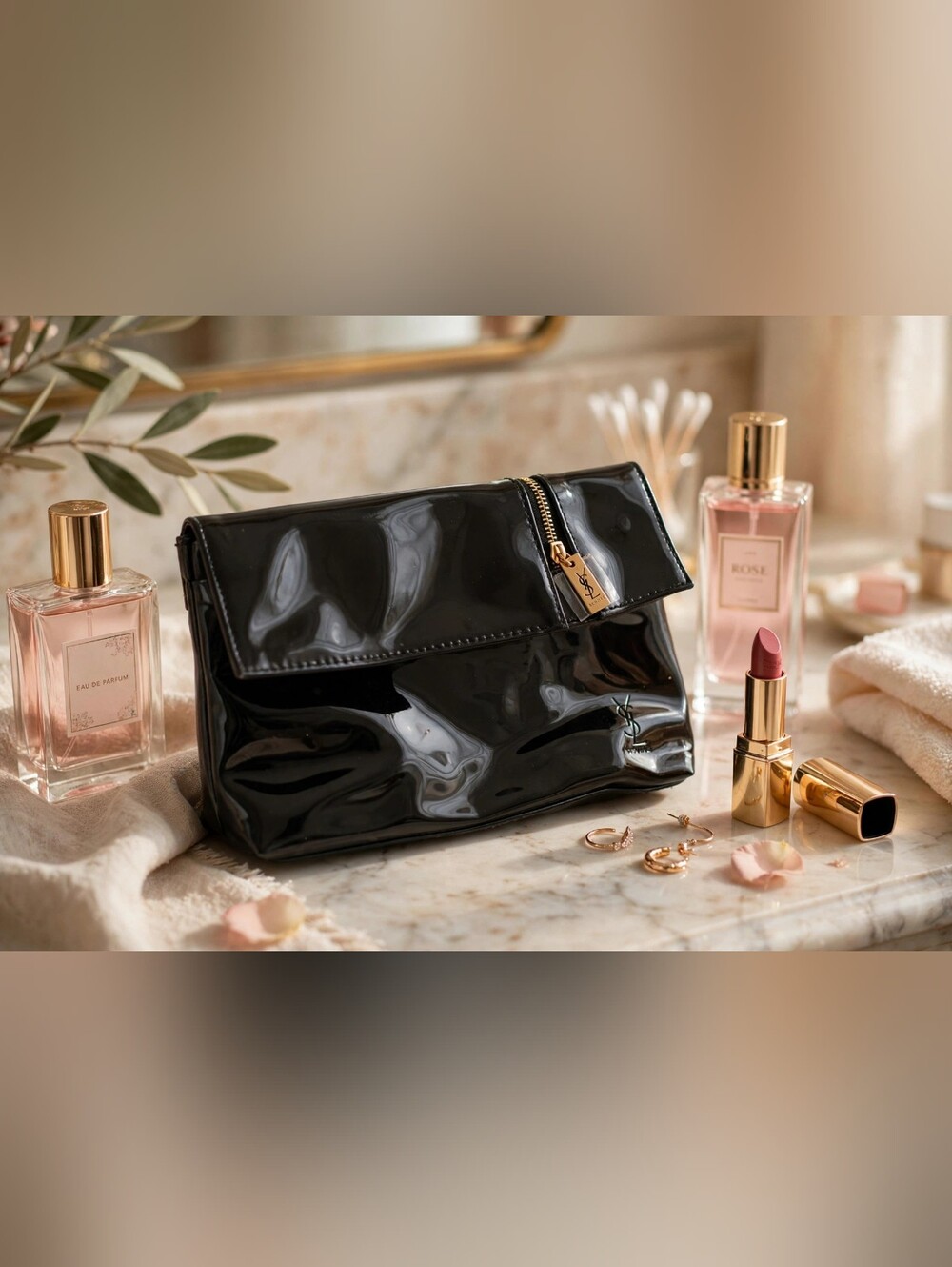 YSL Black Patent Makeup Bag New